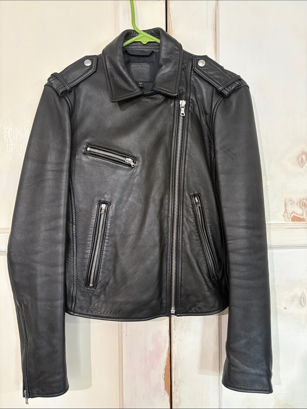 GAP Black Leather Bomber-Style Moto Jacket